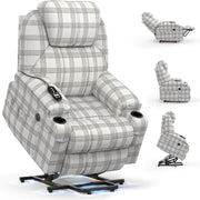 Power Lift Recliner Chair Massage Heat USB Type-C White Plaid Vinyl Cup Holders