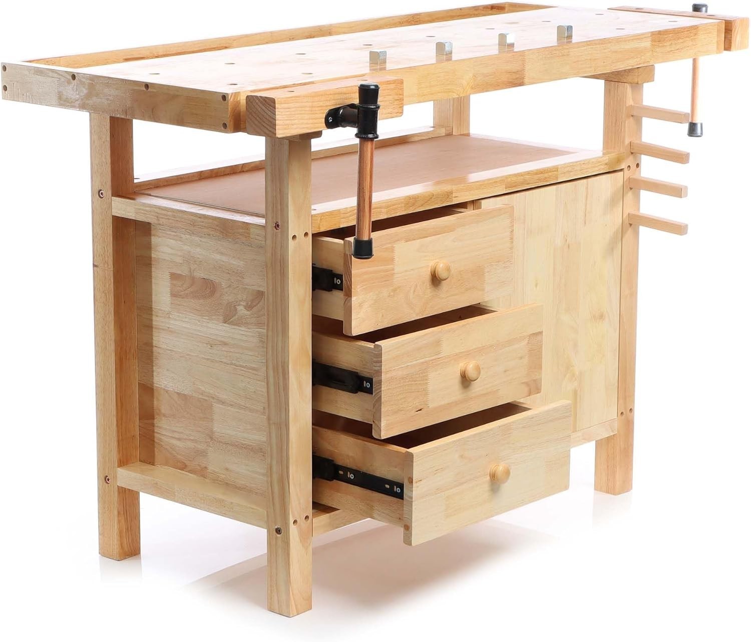 Wooden Planing Bench 126x50x84cm Workbench w/ Vices Hooks Drawers Storage