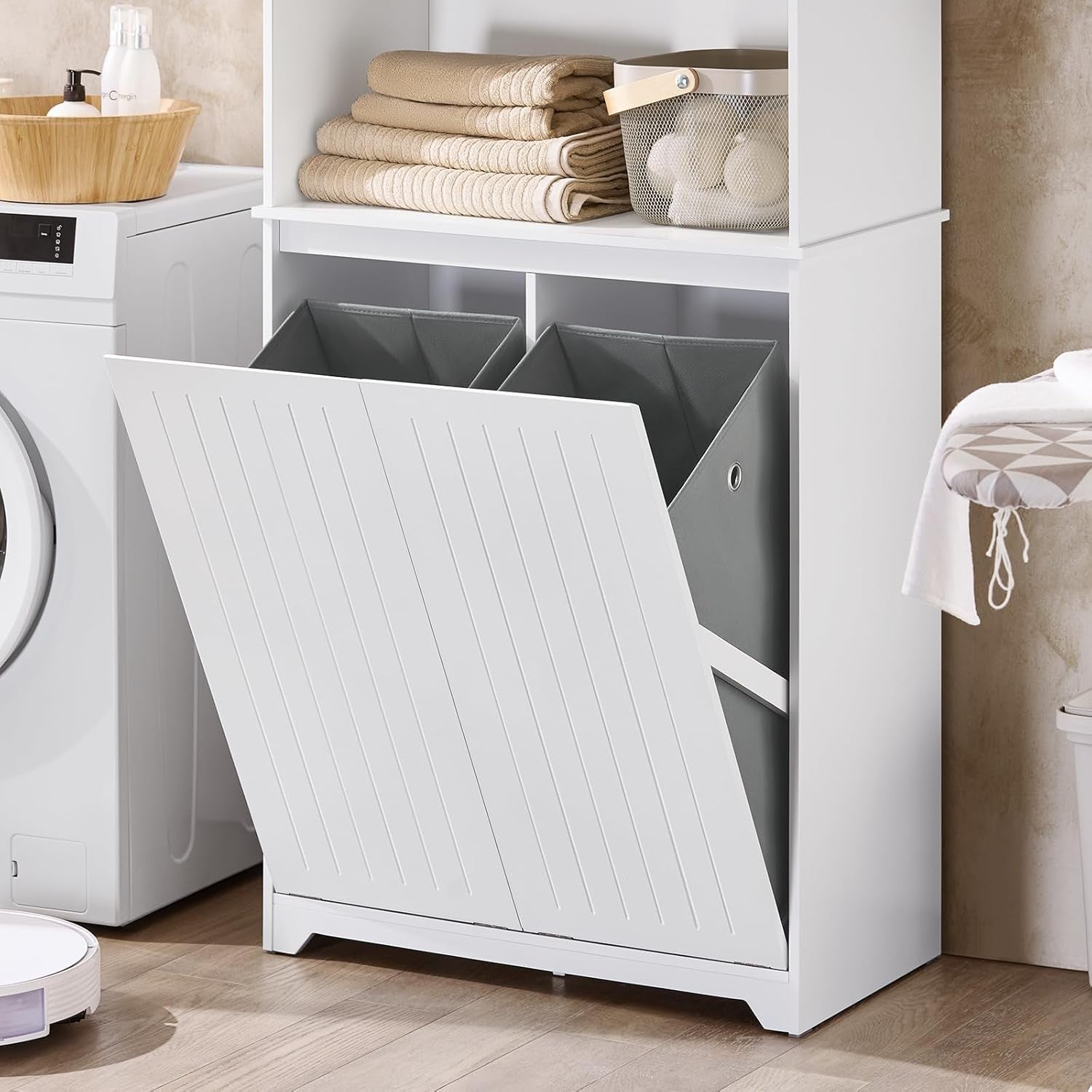 Tall Bathroom Storage Cabinet with Laundry Basket White Unit Doors Shelves 170cm