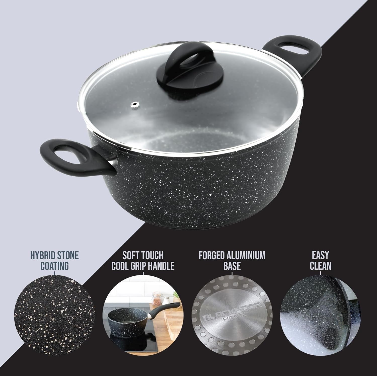 24cm Black Non Stick Stock Pot with Glass Lid – 5L Capacity Induction Safe