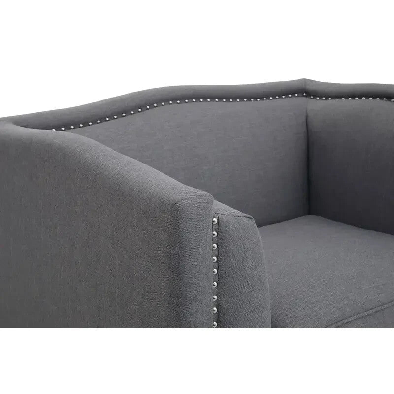 Grey Fabric Armchair – Boxy Design, Stud Trim, Modern Lounge Accent Seat
