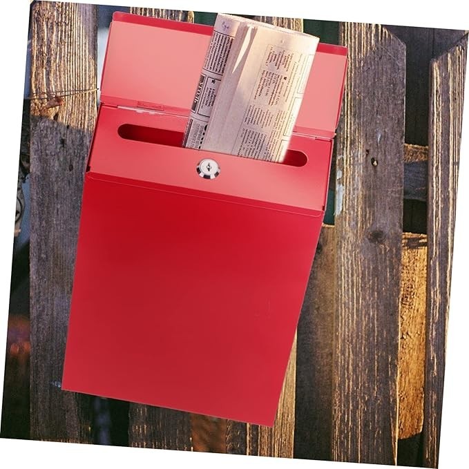 Wall-Mounted Lockable Mailbox Red Iron Postbox Secure Outdoor Letter Holder