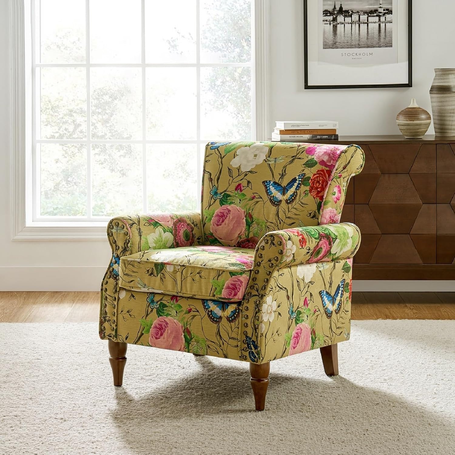 Floral Velvet Wingback Armchair Yellow Accent Chair for Living Room