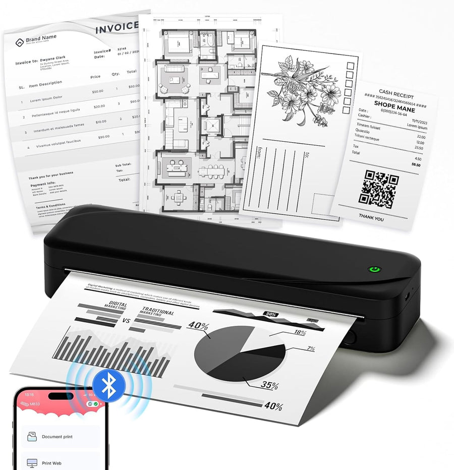 A4 Wireless Thermal Printer 300DPI Portable Black
