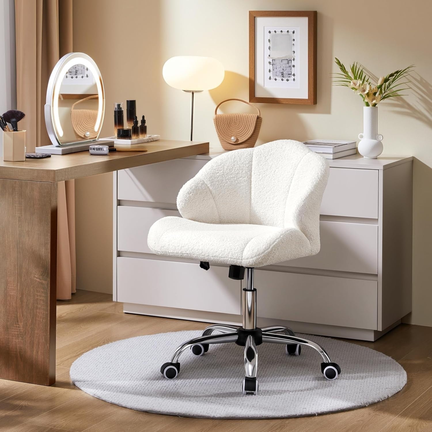 Snowy Boucle Shell Back Swivel Vanity Chair w/ Wheels Armless Adjustable Seat