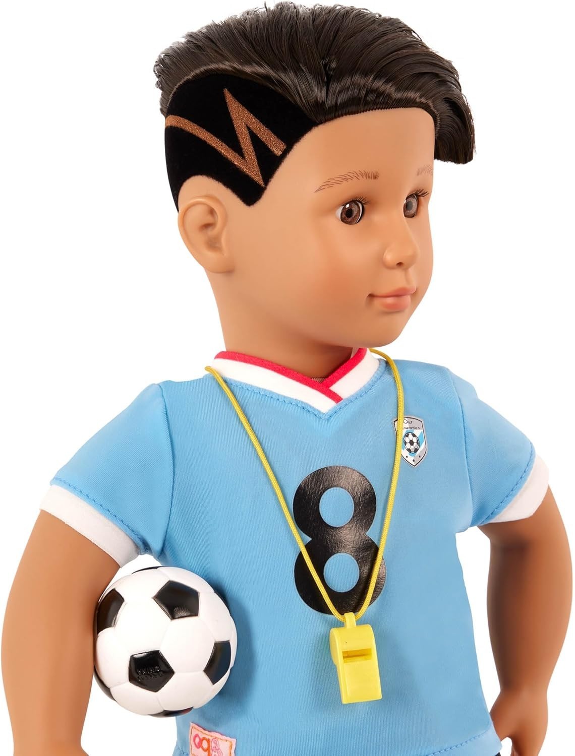 18in Boy Soccer Doll Brown Eyes Poseable Body Sports Playset