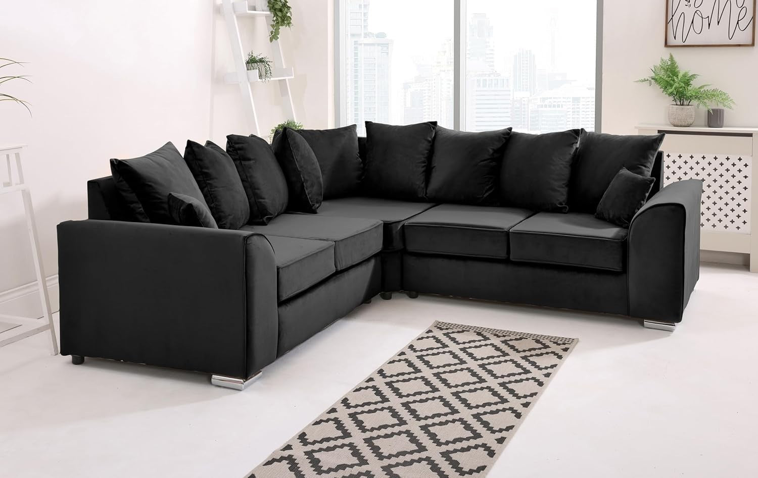Black Plush Velvet 5 Seater Corner Sofa –Scatterback Foam Cushions & Chrome Feet