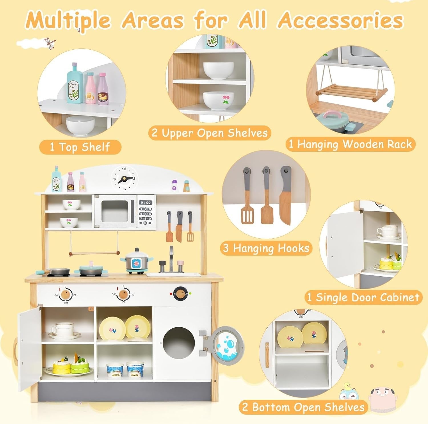 Wooden Kids Play Kitchen Microwave Washer Cooking Toy Set