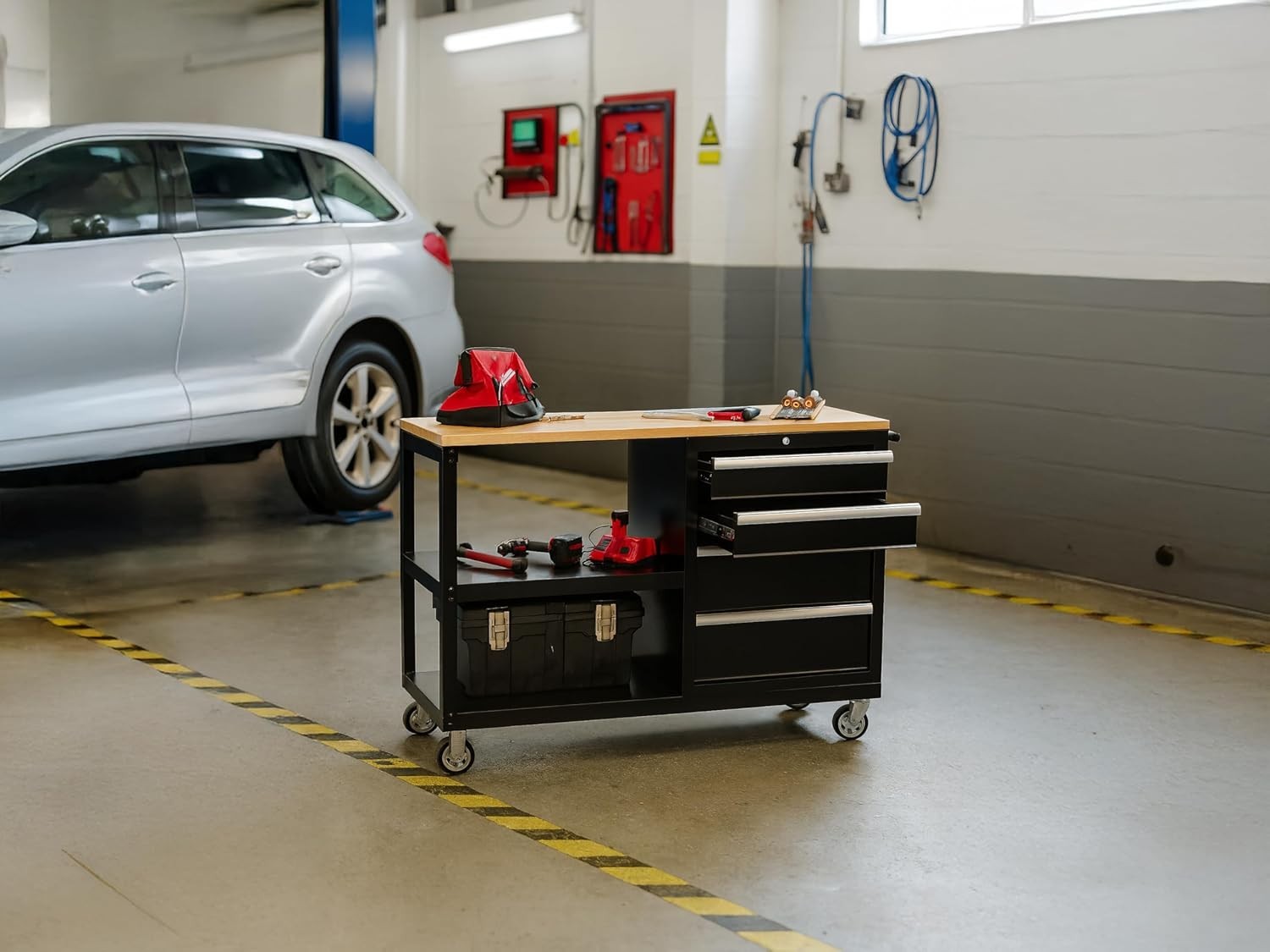 Mobile Workbench on Wheels with Locking Drawers Hardwood Top Steel 1480mm