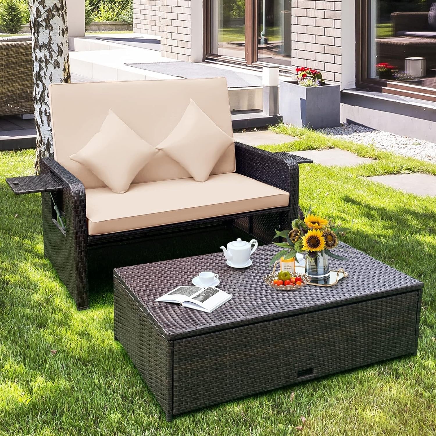 Beige+Brown 2-Seater Rattan Daybed Outdoor with Adjustable Back & Ottoman