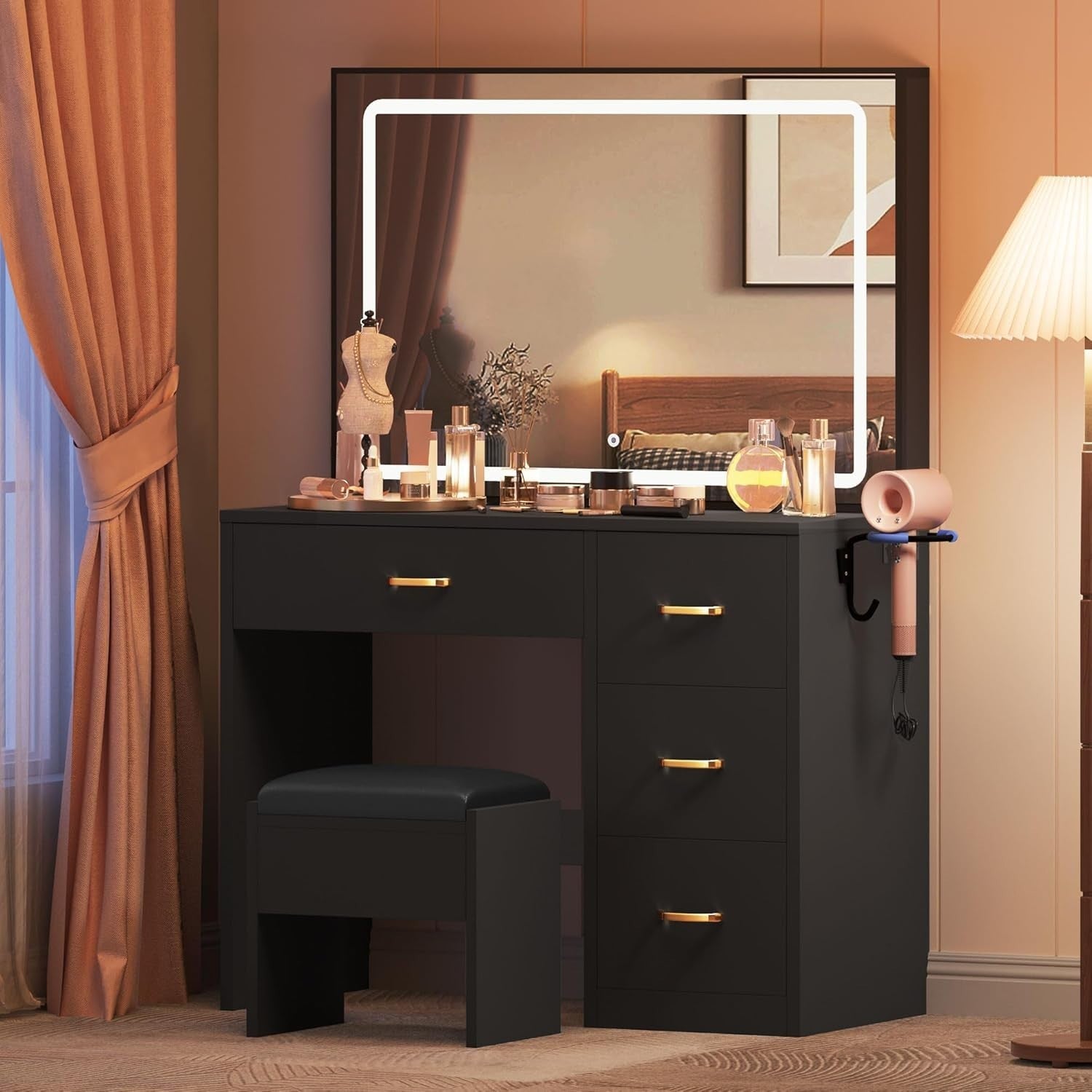 Vanity Makeup Dressing Table w/ Mirror & Lights, Charging Station, 4 Drawers, Bl