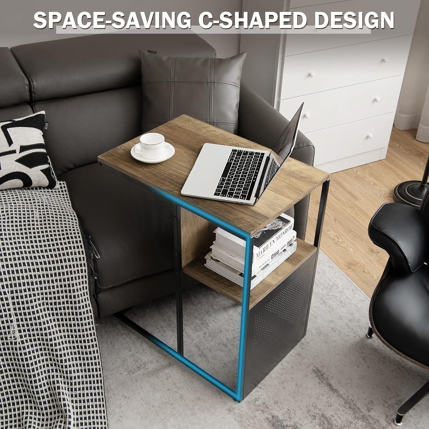 Reversible C-Shaped Industrial Side Table with Storage Shelf – Metal & Wood Beds