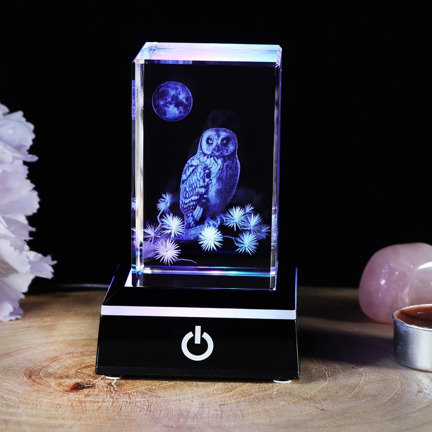 3D Crystal Owl Figurine with LED Base • Engraved Glass Night Light Gift Decor