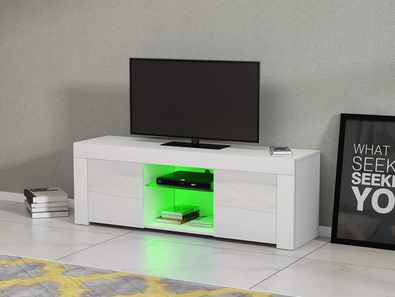 White Modern TV Stand for 50” TVs with RGB LED Light & Storage Cabinets