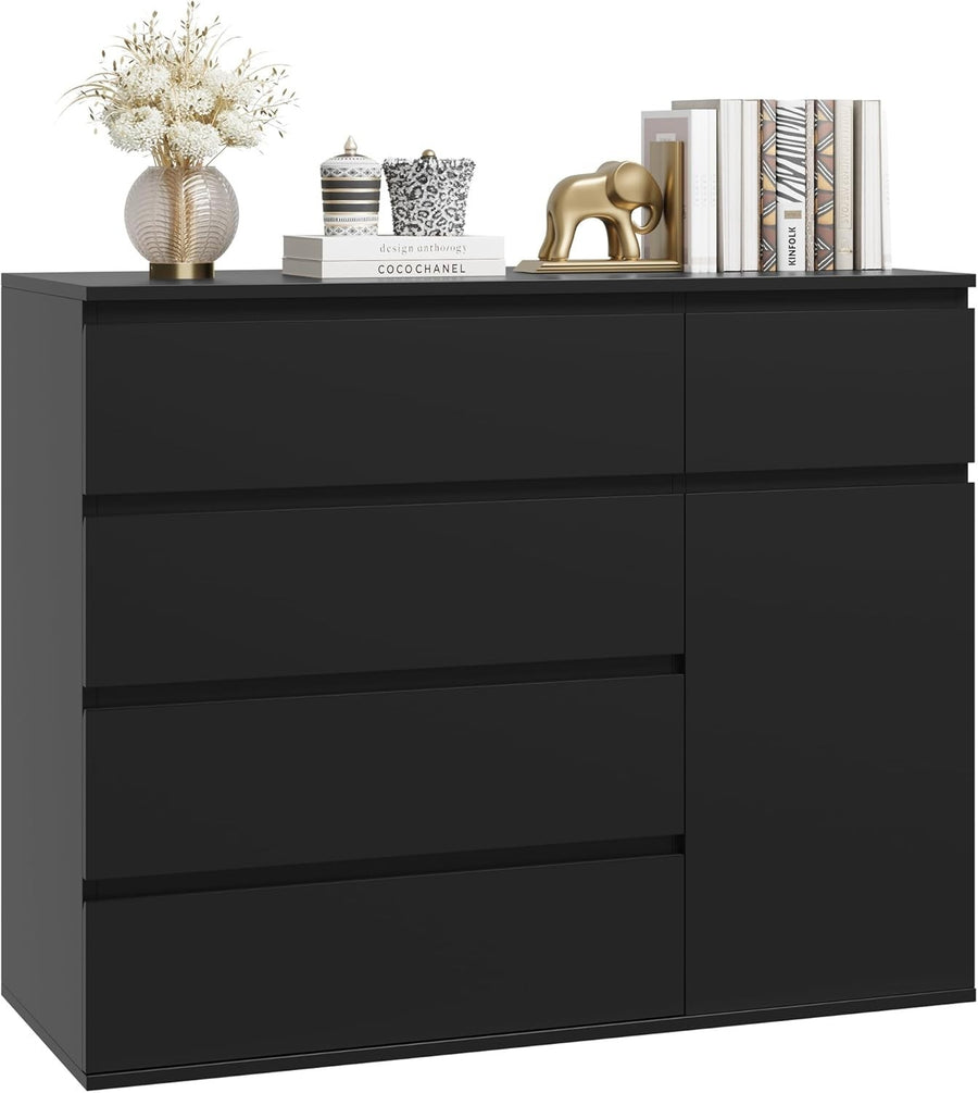 Black Chest of Drawers 5 Drawer 1 Door Cabinet Wide Storage Unit 100cm