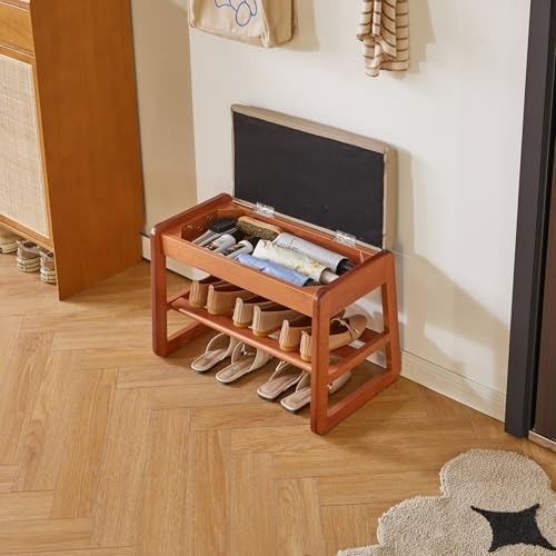 2-Tier Flip-Top Shoe Storage Bench with Padded Seat – Cherry Wood