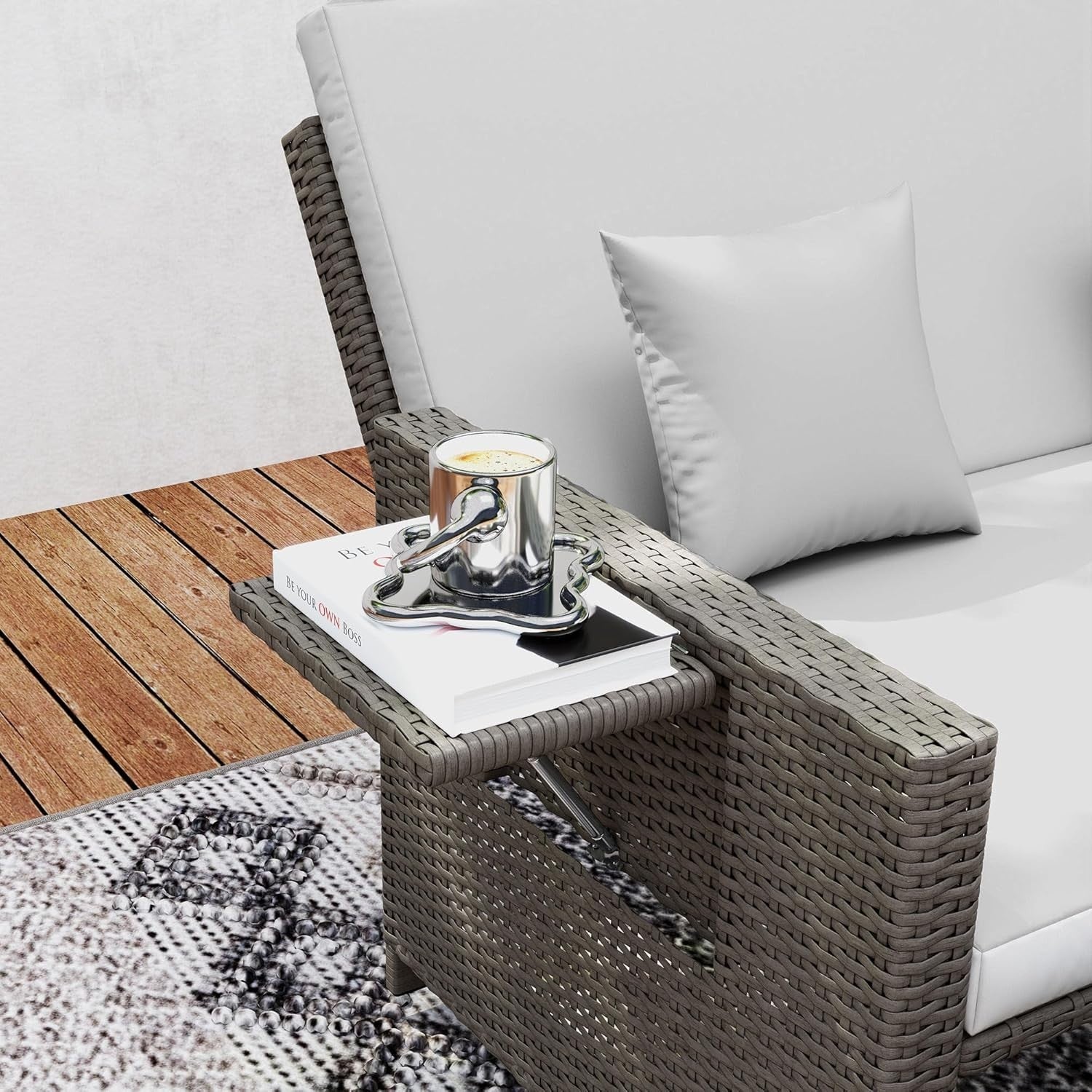 3-in-1 Light Grey Rattan Outdoor Daybed with Adjustable Back & Ottoman