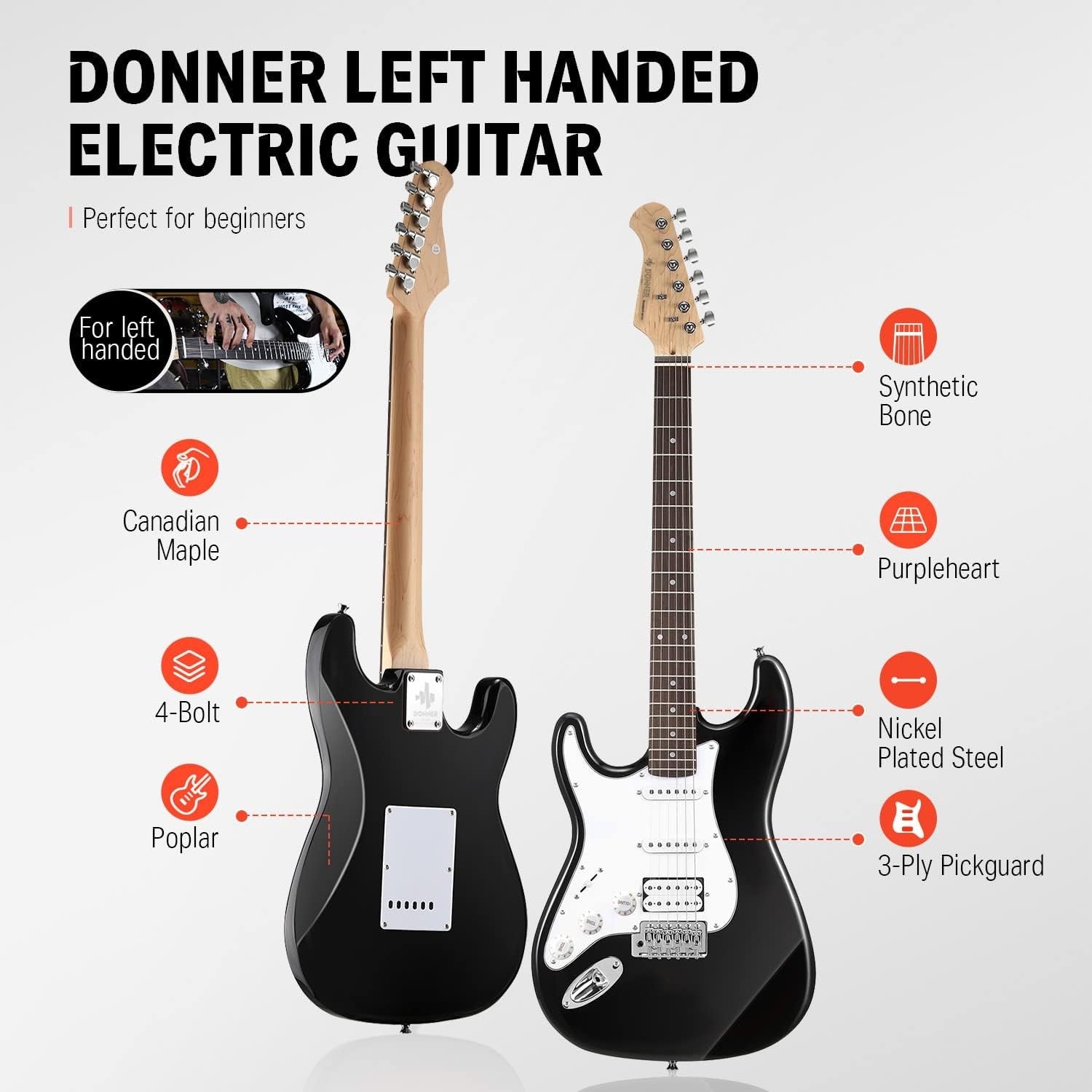 Left Handed Electric Guitar Kit Full Size 39" Black w Amp & Bag