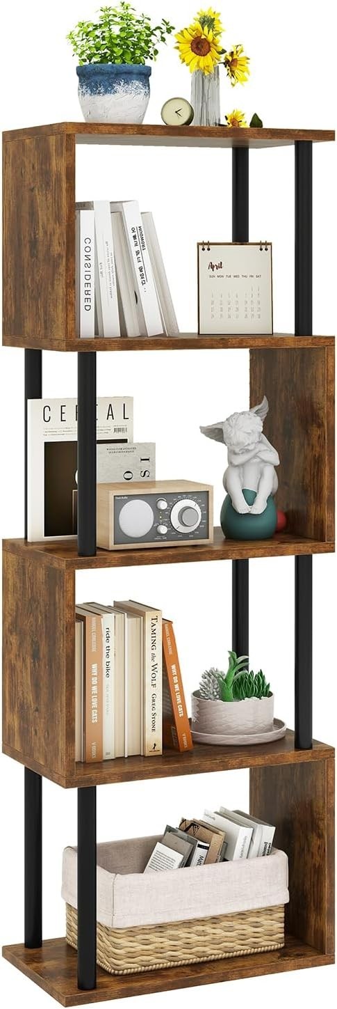 5 Tier S Shaped Bookcase Rustic Brown Modern Wood Display Storage Shelf 155cm