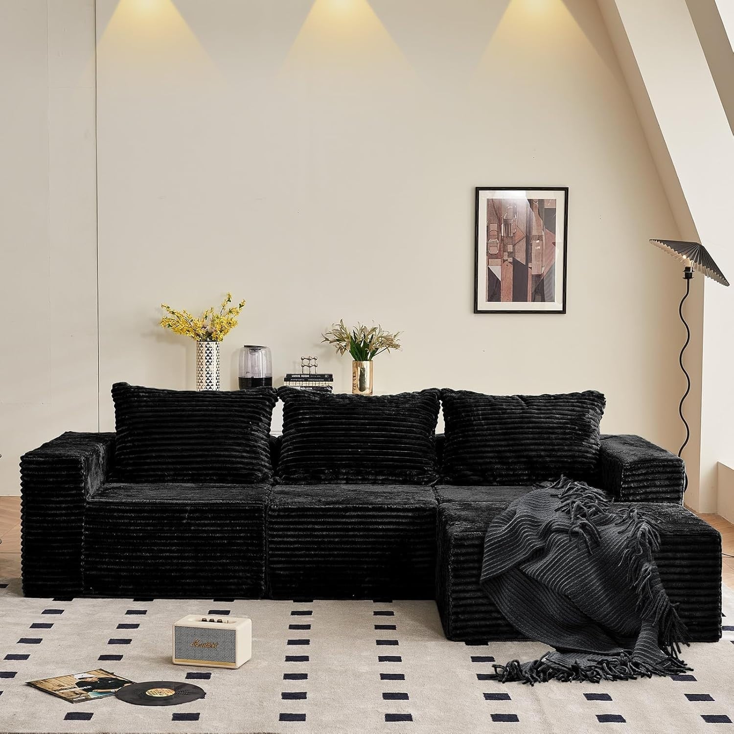 Modular 3/4 Seater Sofa Black Corner Couch No Assembly, Memory Foam, 274cm
