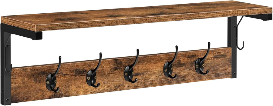 Rustic Wall Coat Rack with Shelf 7 Hooks 70cm Hallway Entryway Organizer