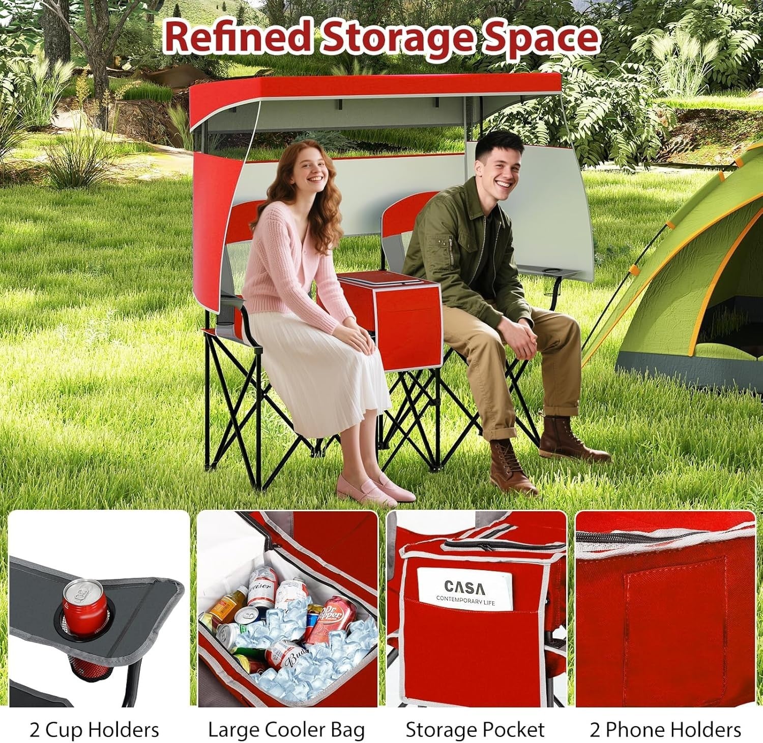 Red Folding Camping Loveseat w/ Canopy, Cup Holders & Cooler Bag, 2 Seat