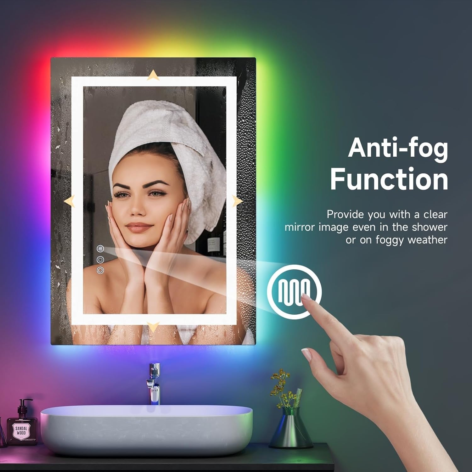 RGB LED Bathroom Mirror 70x50cm Wall Mounted Light Anti-Fog Touch Pad