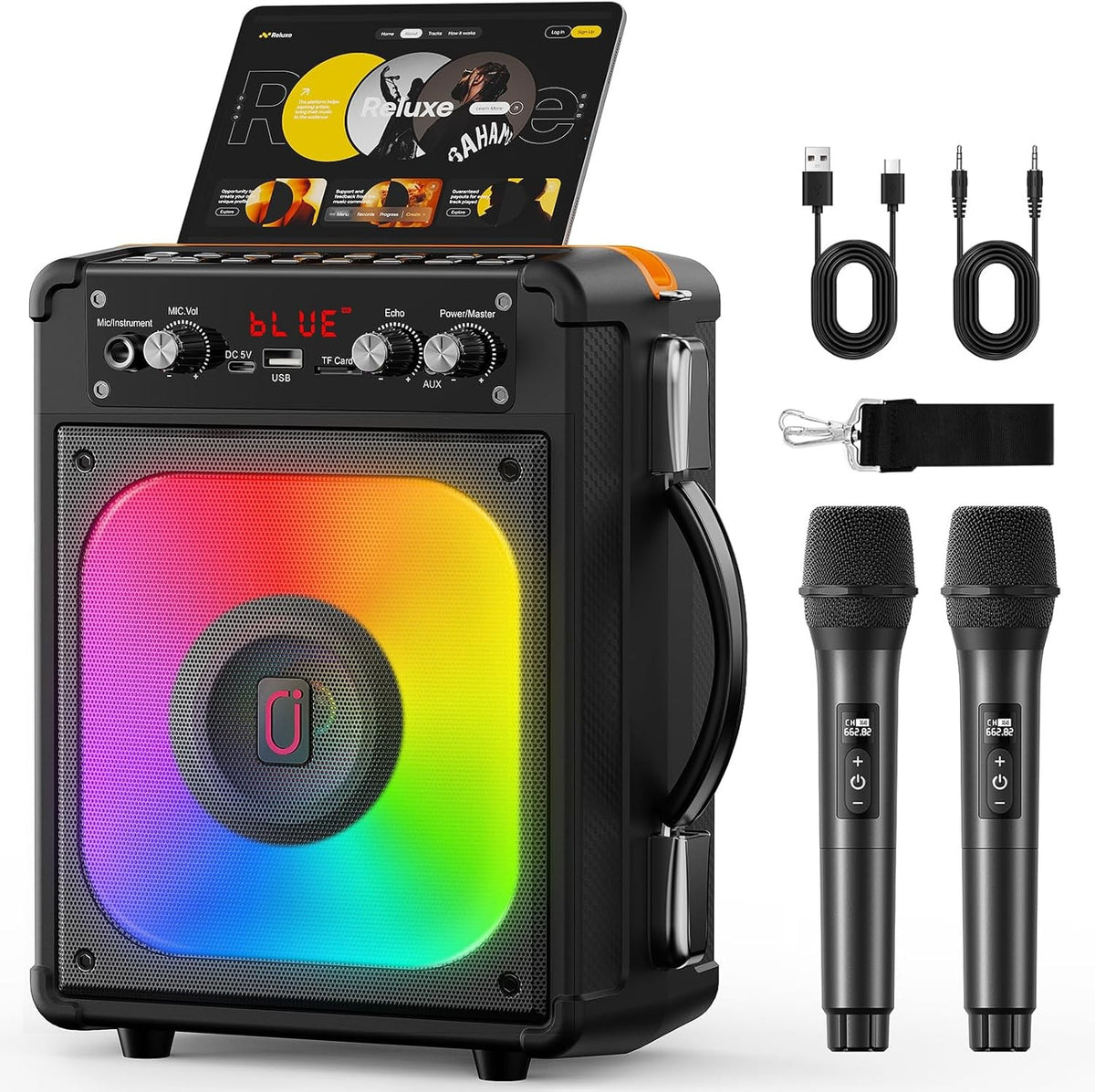 Portable Karaoke Machine with 2 Wireless Mics Bluetooth PA Speaker LED