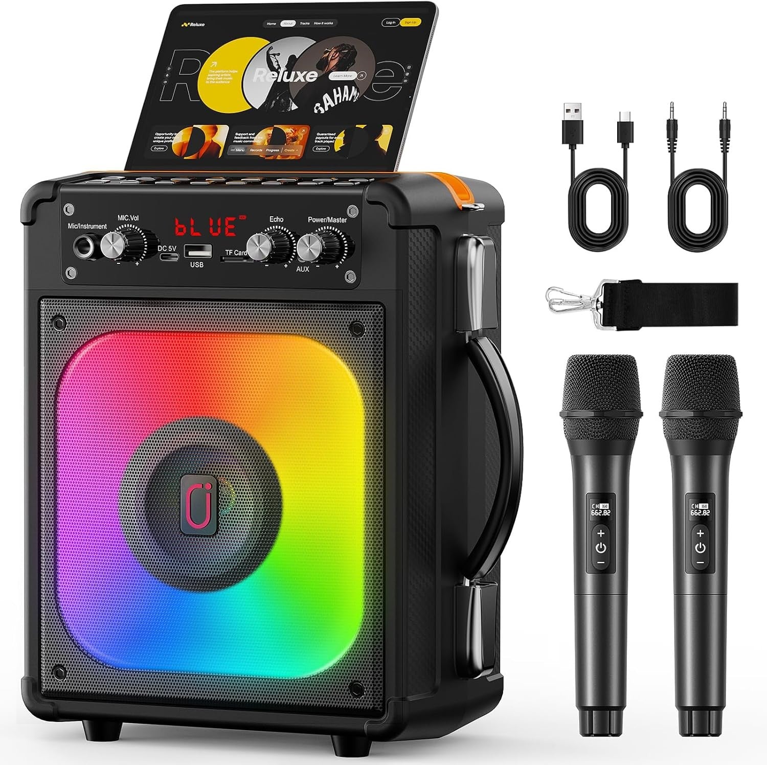 Portable Karaoke Machine with 2 Wireless Mics Bluetooth PA Speaker LED