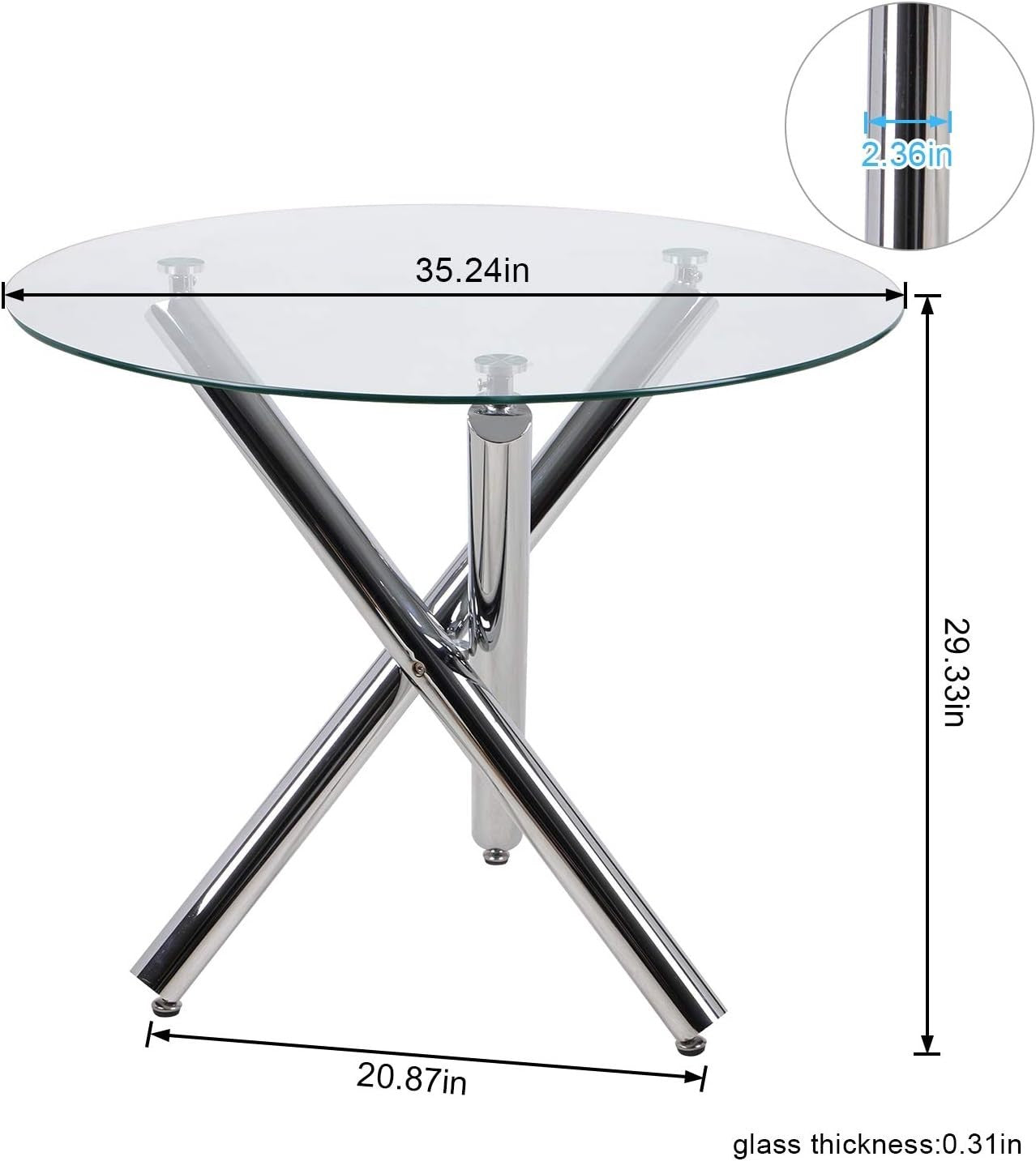 Round Glass Dining Table Set with 4 Grey PU Chairs 90cm Modern