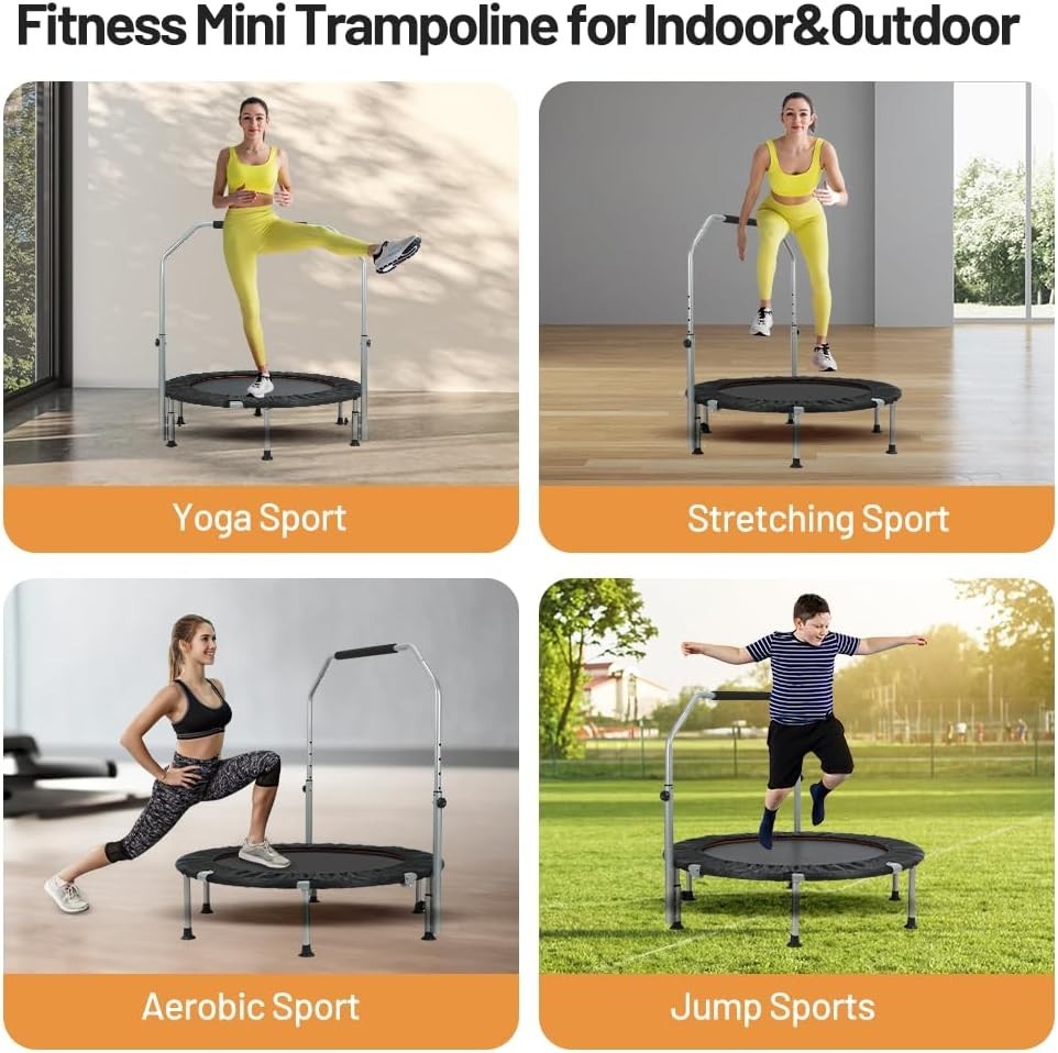Foldable Fitness Trampoline Rebounder Adjustable Handle Quiet 150kg