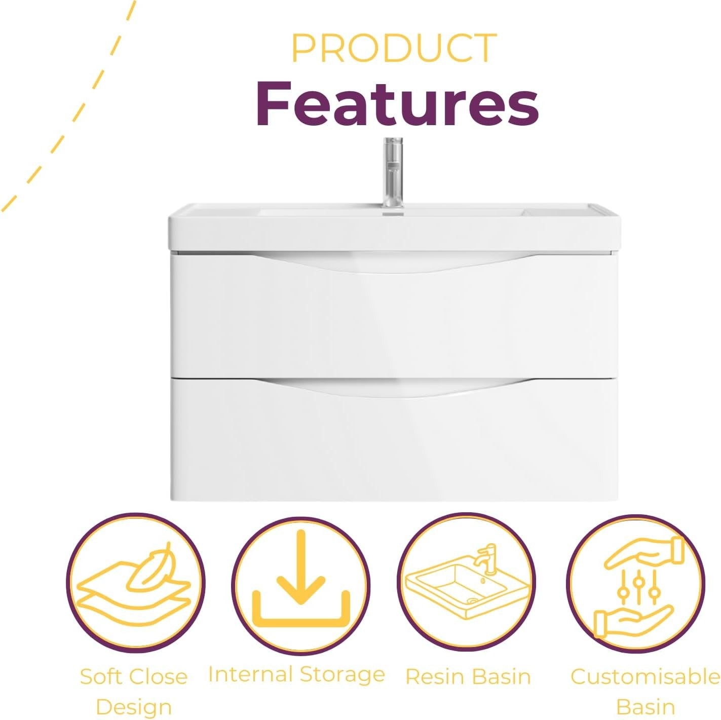 900mm Wall Hung Vanity Unit White Gloss Resin Basin Modern Bathroom Cabinet