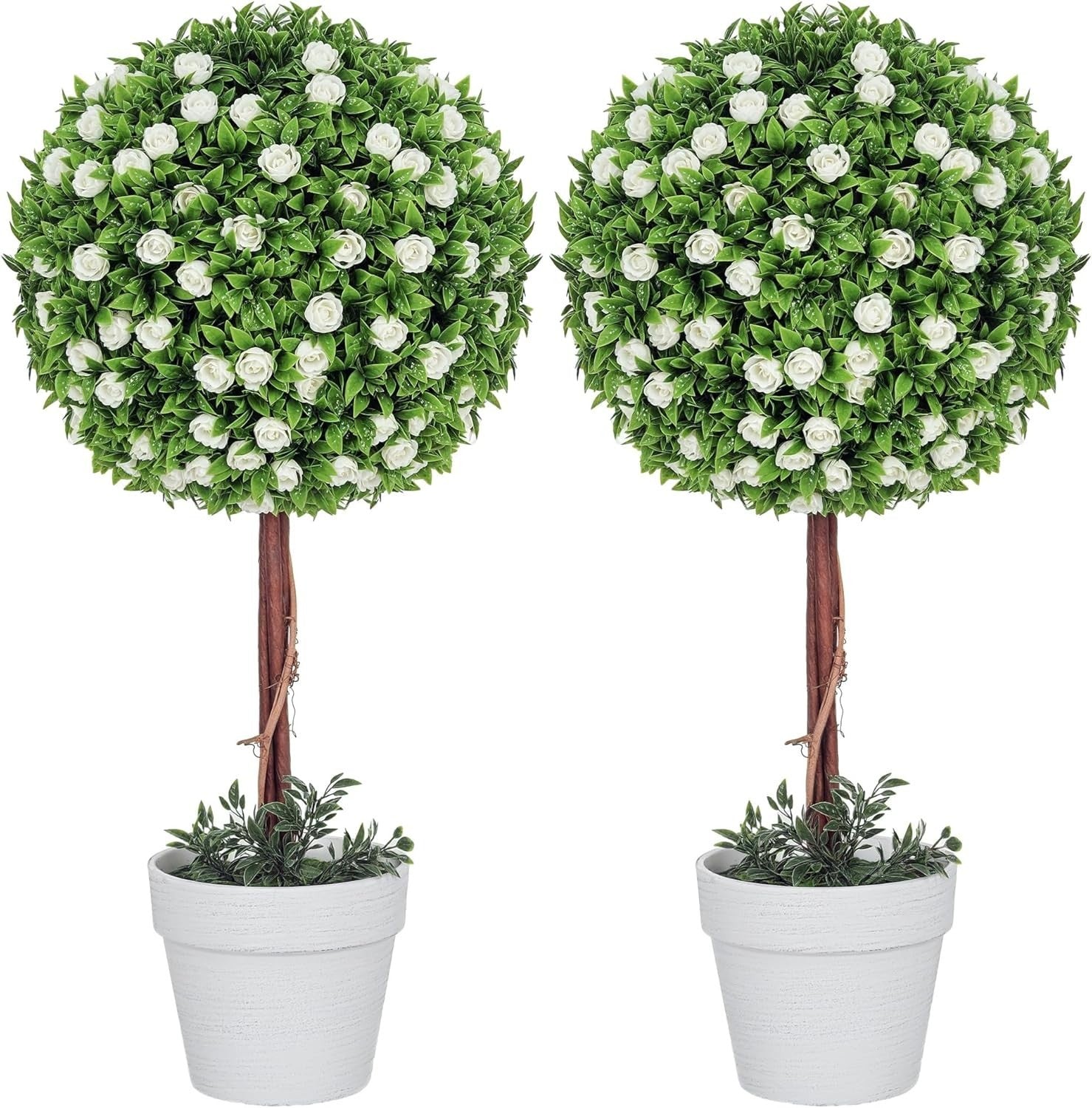 60cm Artificial Rose Ball Topiary Trees Set of 2 in White Pot Home Garden Decor