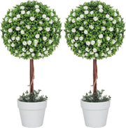 60cm Artificial Rose Ball Topiary Trees Set of 2 in White Pot Home Garden Decor