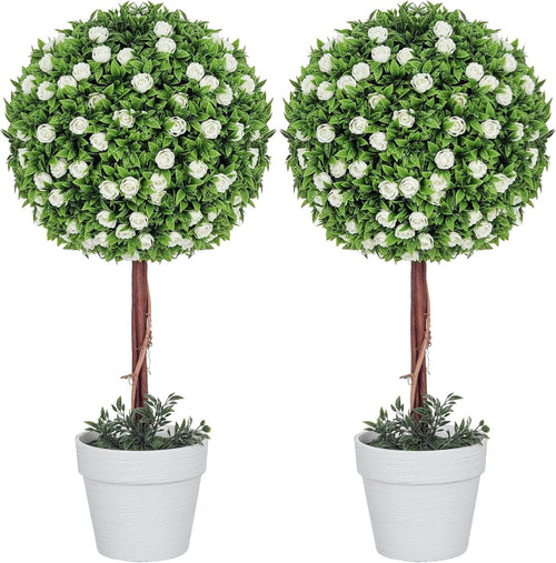 60cm Artificial Rose Ball Topiary Trees Set of 2 in White Pot Home Garden Decor