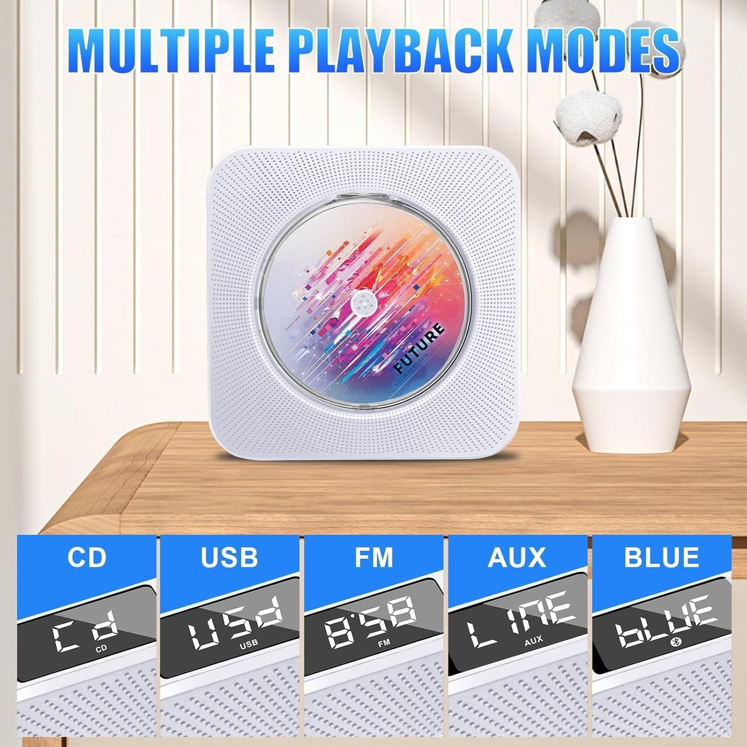 Portable Bluetooth CD Player FM Radio USB AUX HiFi Speakers Remote White