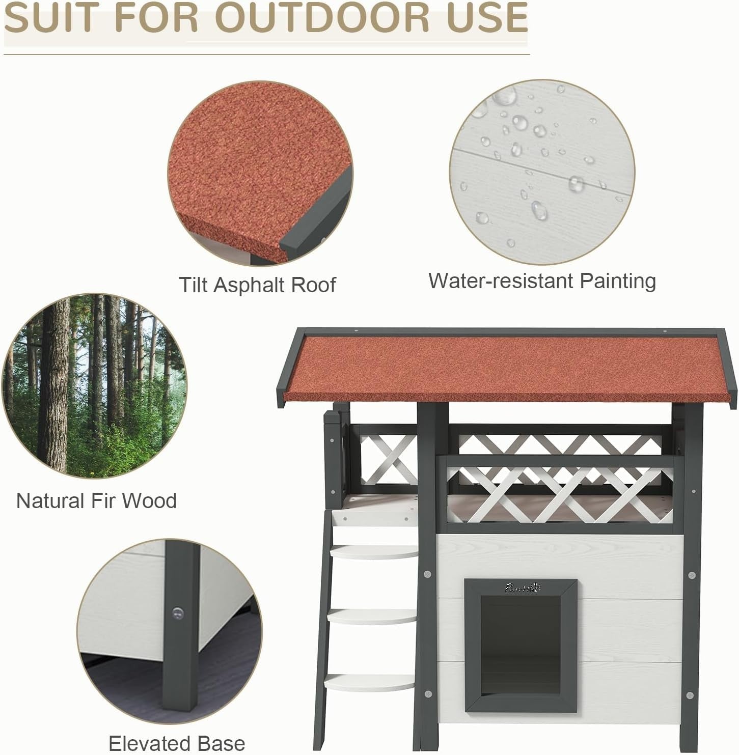 Outdoor Wooden Cat House with Balcony & Asphalt Roof, Weatherproof, White