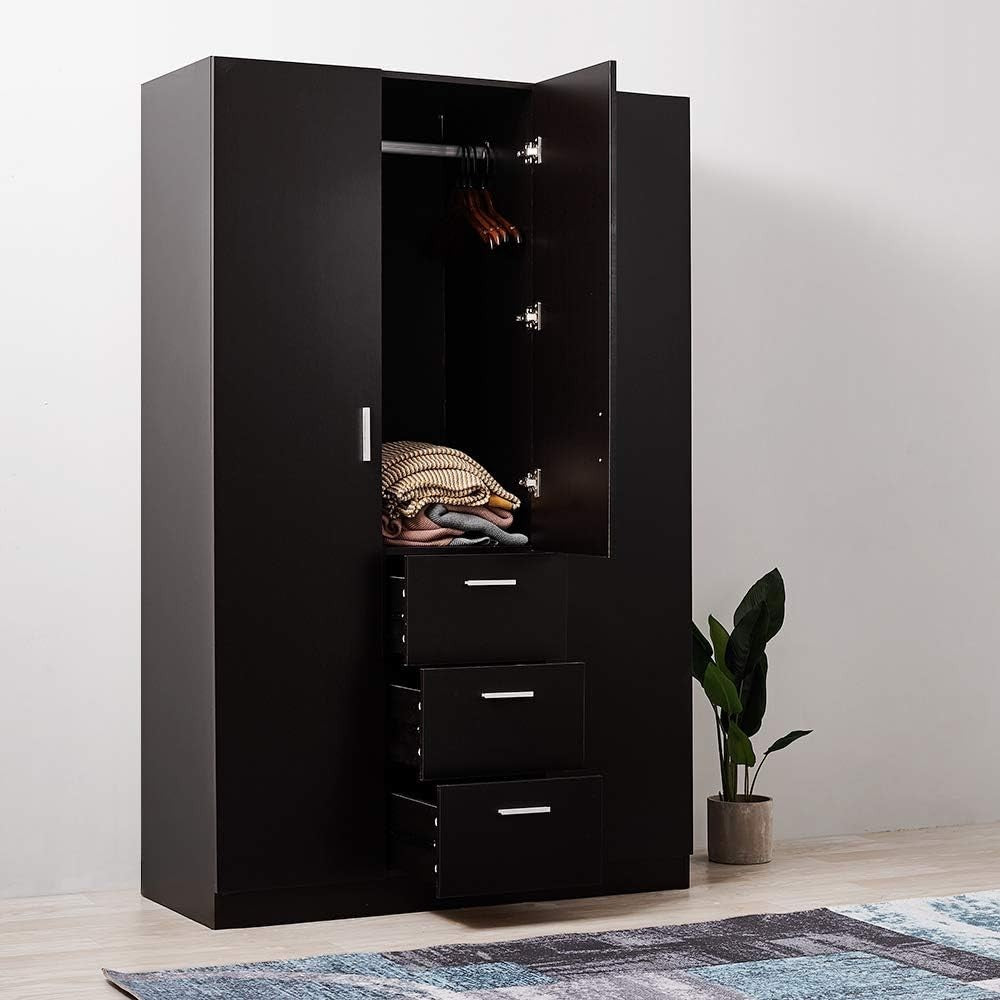 Large 3 Door Wardrobe with 3 Drawers, Shelves & Hanging Rail - Black Bedroom