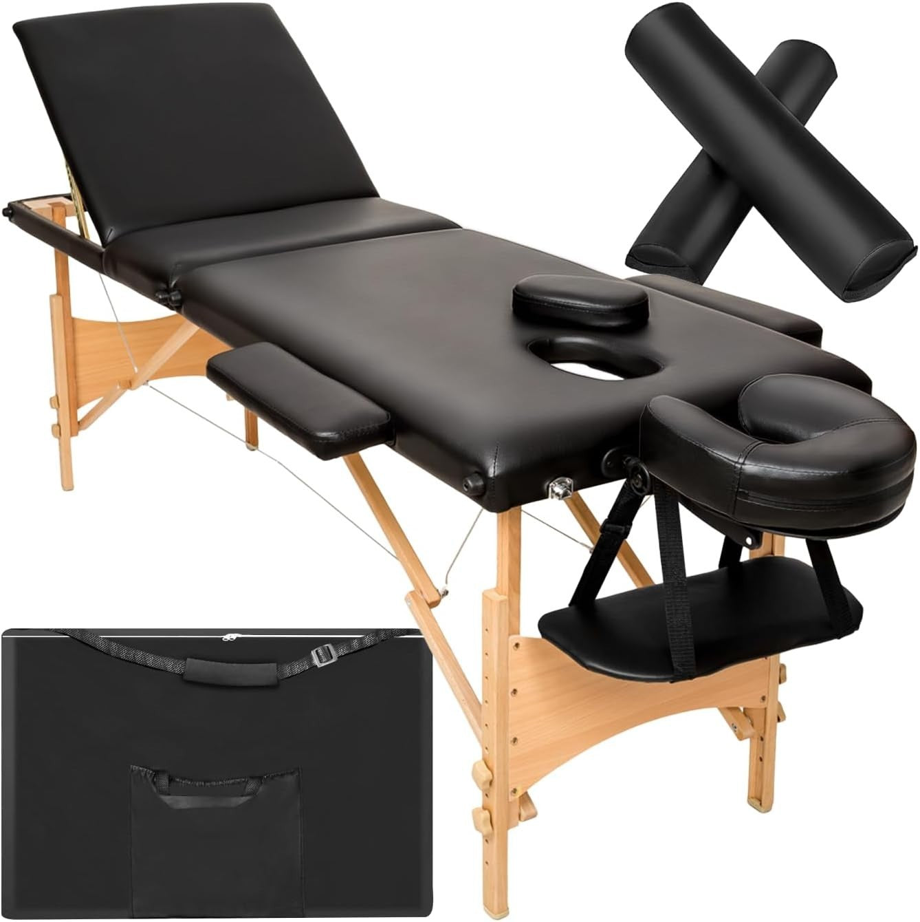 Portable Massage Table Set Foldable Wooden Beauty Therapy Bed Adjustable Black