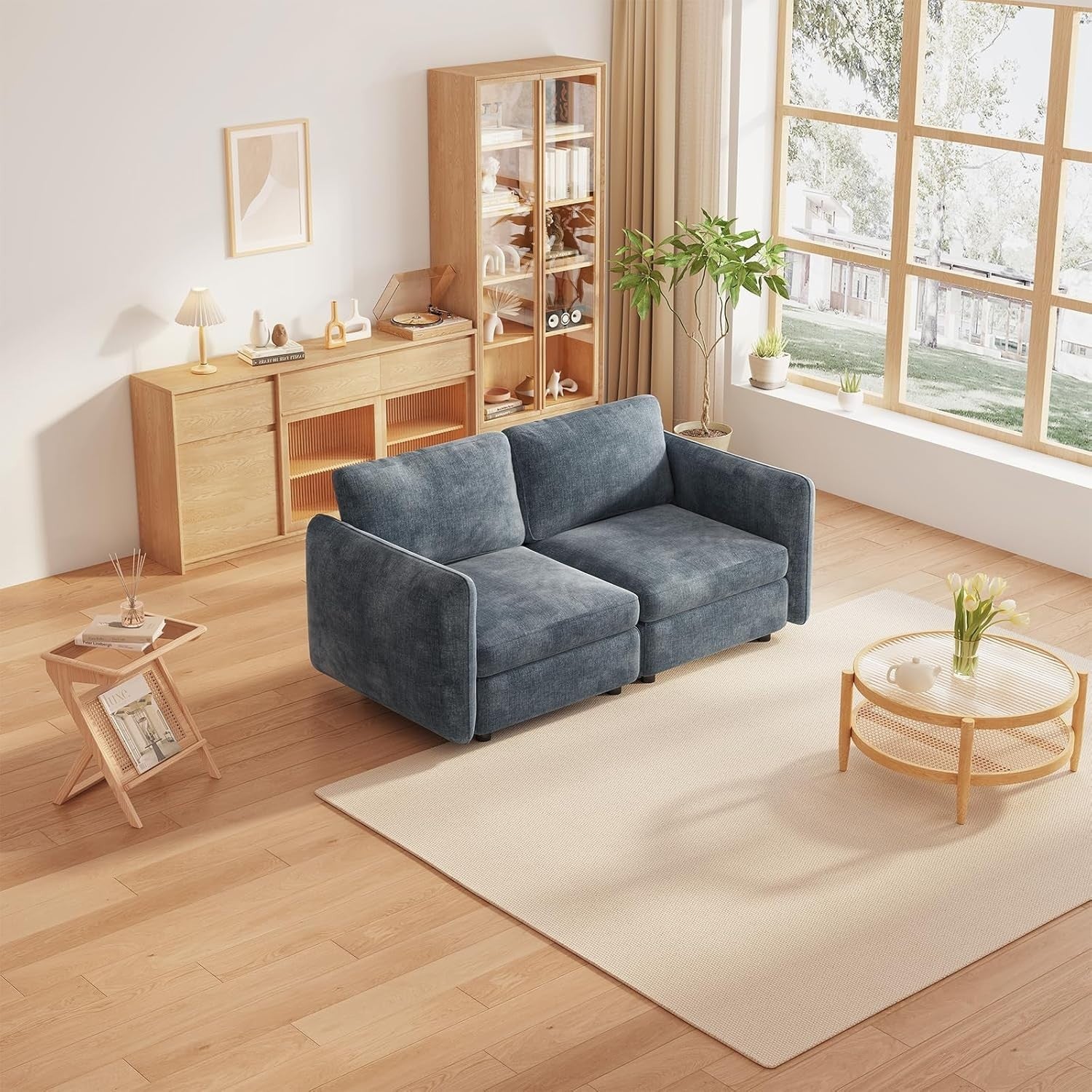 Modern 2 Seater Sofa Blue-Grey Deep Cushions 305CM Ergonomic Couch
