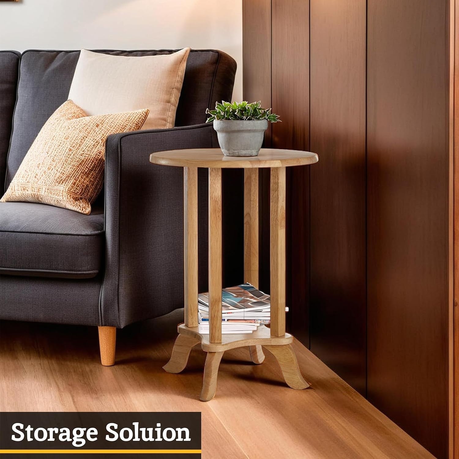 Round Wooden Side Table with Storage for Living Room, Bedroom, Sofa