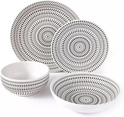 16 Piece Stoneware Dinner Set Black White Plates Bowls Microwave Dishwasher Safe