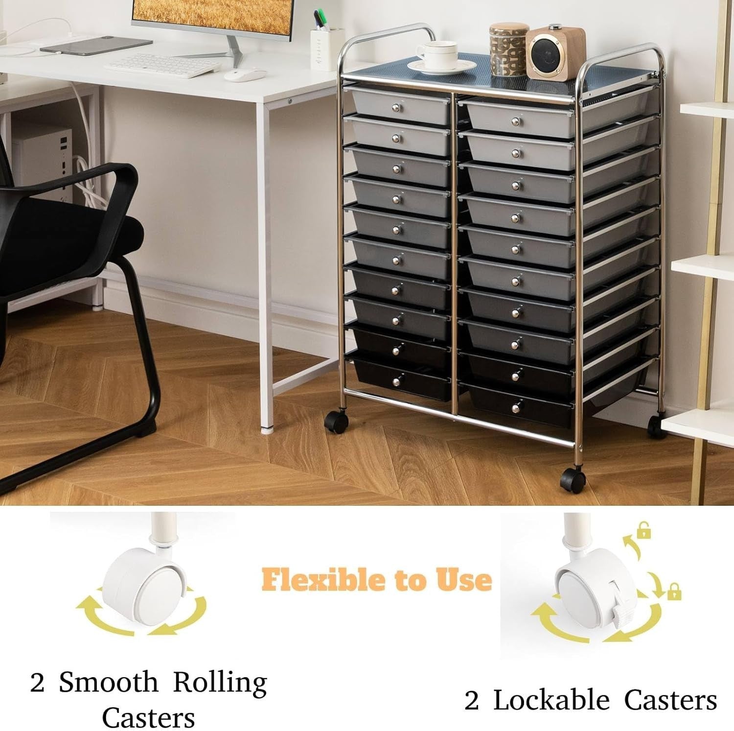 Gradient Black 20 Drawer Rolling Storage Trolley Utility Organizer Cart