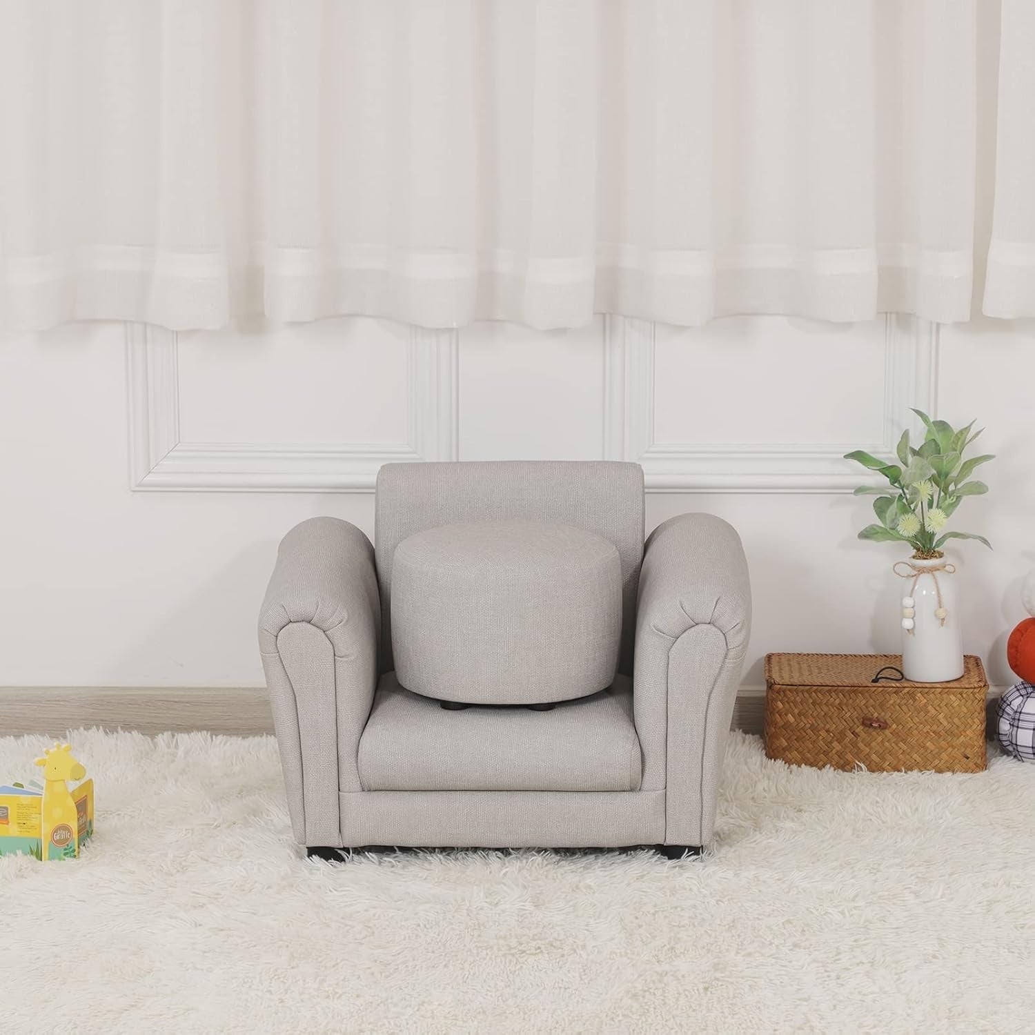Toddler Armchair with Footstool – Kids Grey PVC Leather Sofa Chair