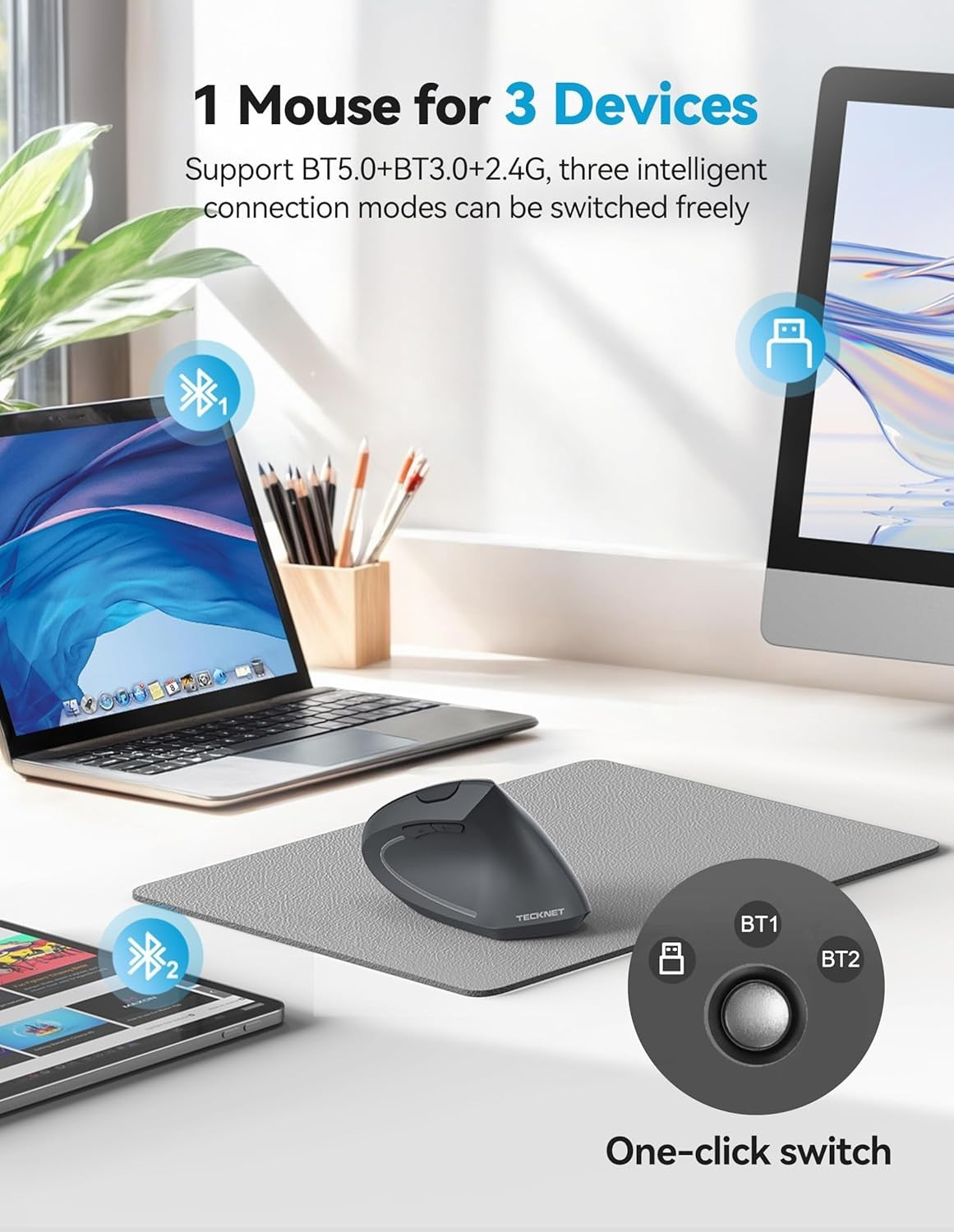 Vertical Ergonomic Mouse Bluetooth Rechargeable 4800 DPI Grey