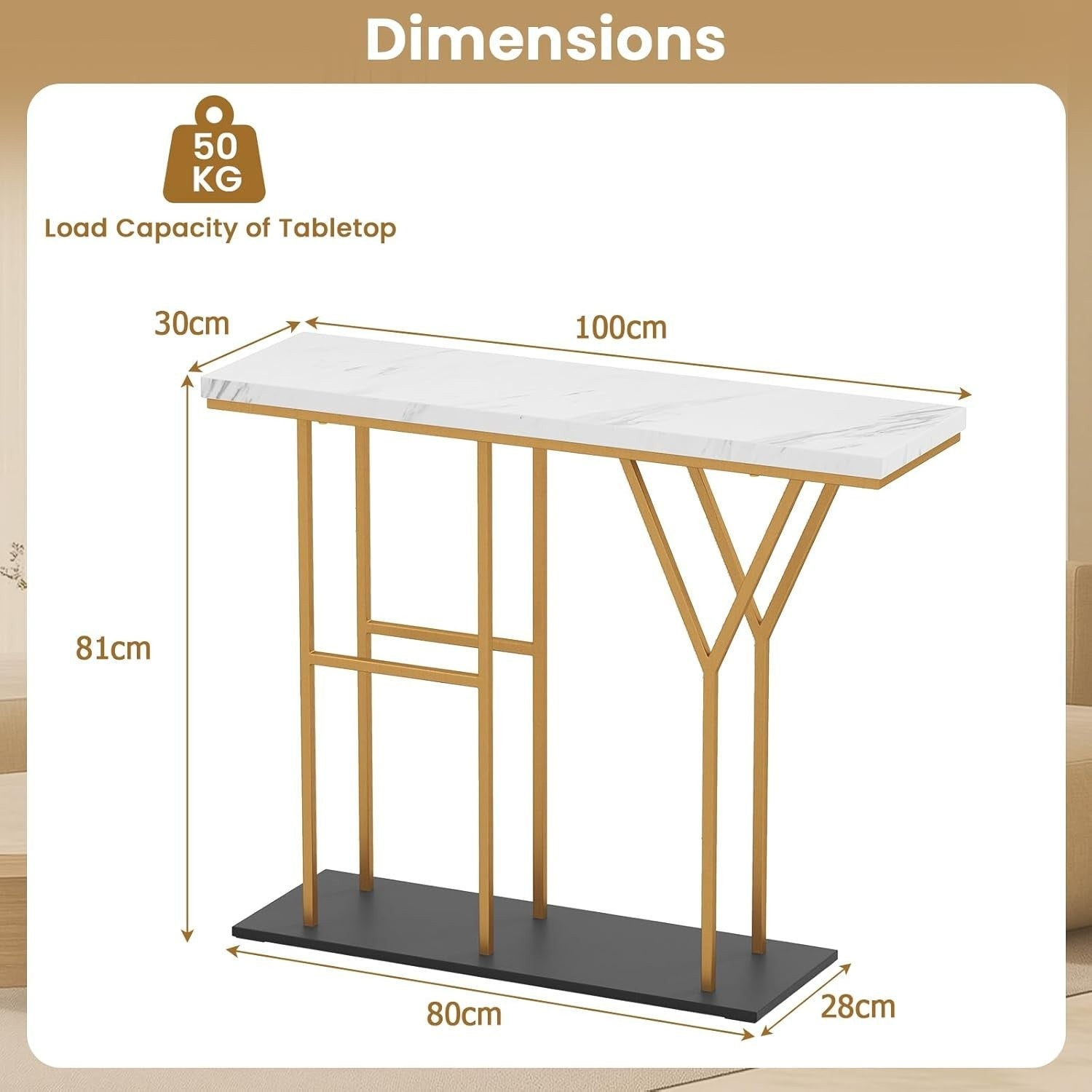 Slim Console Table Faux Marble Hallway Desk | Gold Frame, 2 Tier Storage