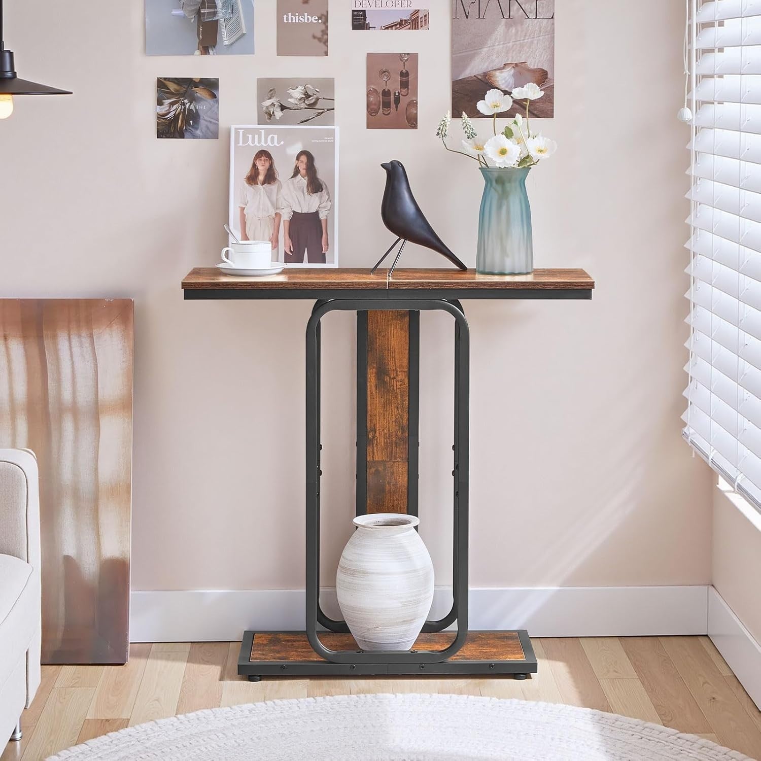 Slim Console Table Narrow 2-Tier Rustic Hallway Shelf for Entryway, Foyer
