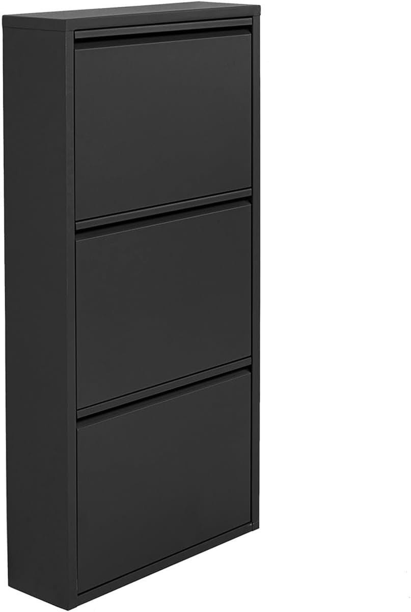 Slim Black Shoe Cabinet 3 Flip Compartments Space-Saving Storage Rack