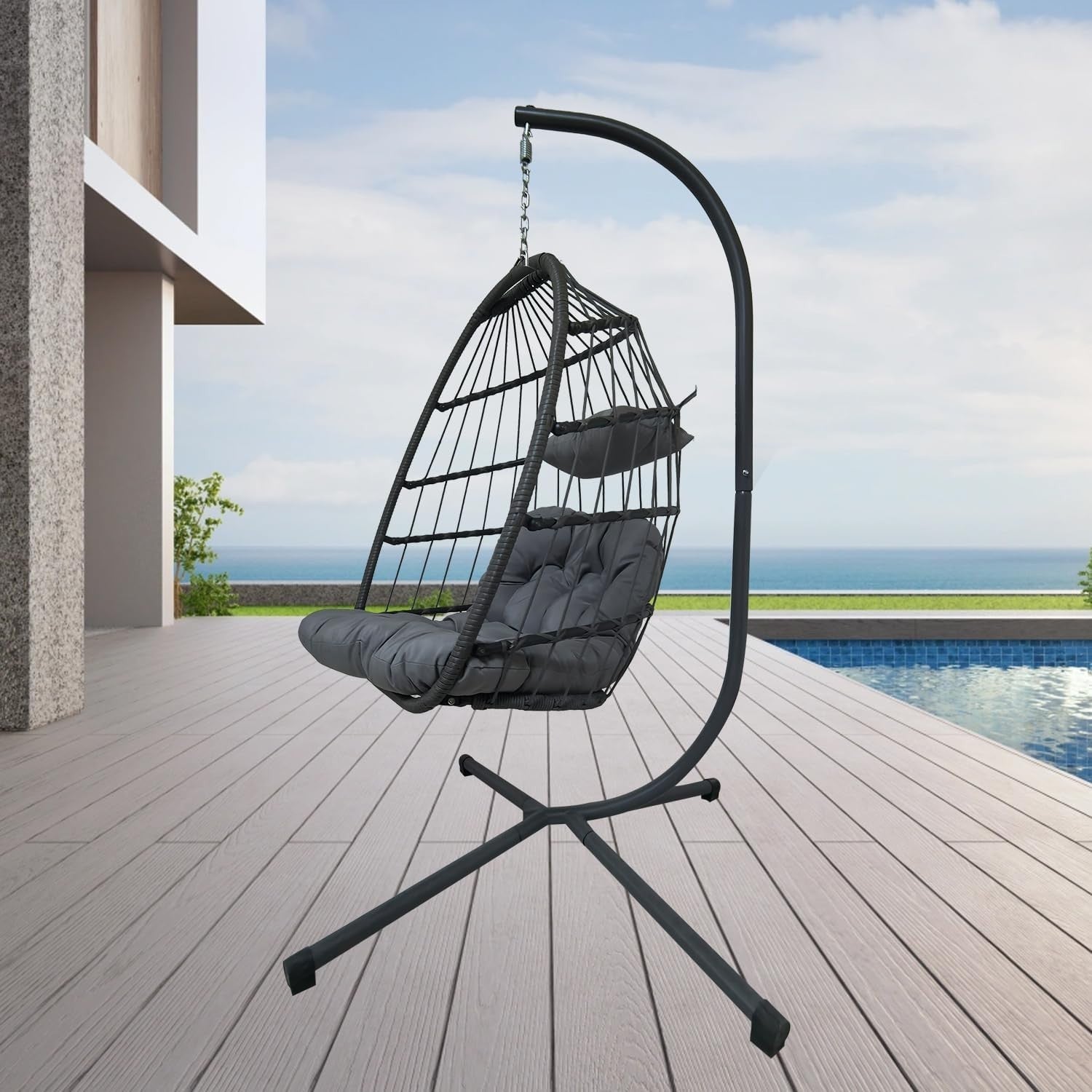 Foldable Rattan Hanging Egg Chair with Cushion for Indoor Outdoor (Light Grey)