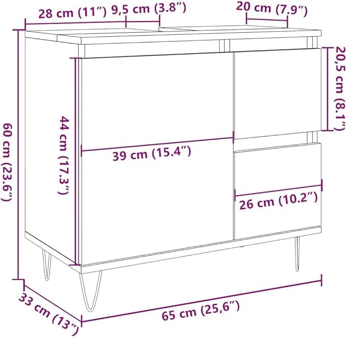 Concrete Oak Bathroom Sink Cabinet 65x33x60cm Modern Under Basin Storage Unit